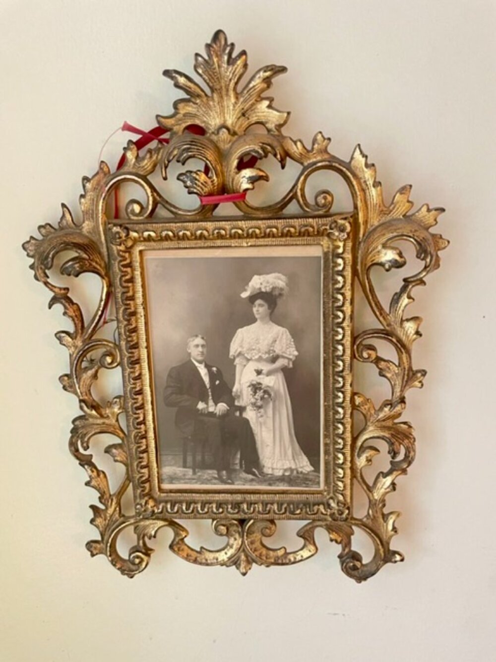 Antique Victorian Ornate Scrollwork Brass Frame w/ B&W Wedding Photo Wall Mount